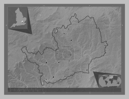 Photo for Hertfordshire, administrative county of England - Great Britain. Grayscale elevation map with lakes and rivers. Locations of major cities of the region. Corner auxiliary location maps - Royalty Free Image