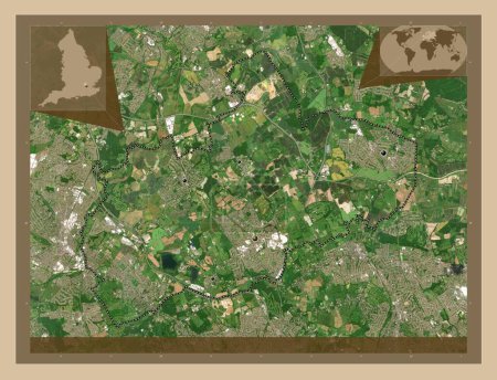 Photo for Hertsmere, non metropolitan district of England - Great Britain. Low resolution satellite map. Locations of major cities of the region. Corner auxiliary location maps - Royalty Free Image