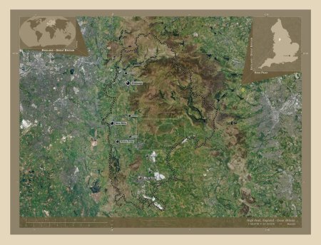 Photo for High Peak, non metropolitan district of England - Great Britain. High resolution satellite map. Locations and names of major cities of the region. Corner auxiliary location maps - Royalty Free Image