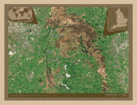 Foto de High Peak, distrito no metropolitano de Inglaterra Gran Bretaña. Mapa satelital de baja resolución. Ubicaciones y nombres de las principales ciudades de la región. Mapas de ubicación auxiliares de esquina - Imagen libre de derechos