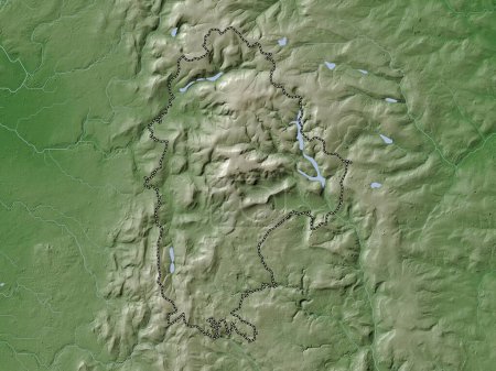 Foto de High Peak, distrito no metropolitano de Inglaterra Gran Bretaña. Mapa de elevación coloreado en estilo wiki con lagos y ríos - Imagen libre de derechos