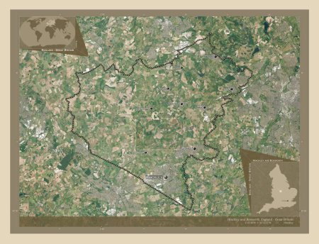 Photo for Hinckley and Bosworth, non metropolitan district of England - Great Britain. High resolution satellite map. Locations and names of major cities of the region. Corner auxiliary location maps - Royalty Free Image