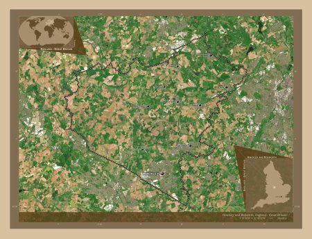 Photo for Hinckley and Bosworth, non metropolitan district of England - Great Britain. Low resolution satellite map. Locations and names of major cities of the region. Corner auxiliary location maps - Royalty Free Image