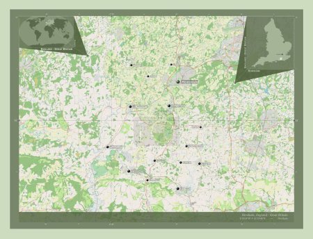 Foto de Horsham, distrito no metropolitano de Inglaterra Gran Bretaña. Open Street Map. Ubicaciones y nombres de las principales ciudades de la región. Mapas de ubicación auxiliares de esquina - Imagen libre de derechos