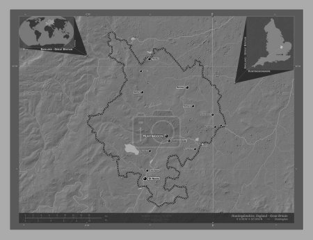 Foto de Huntingdonshire, distrito no metropolitano de Inglaterra Gran Bretaña. Mapa de elevación de Bilevel con lagos y ríos. Ubicaciones y nombres de las principales ciudades de la región. Mapas de ubicación auxiliares de esquina - Imagen libre de derechos