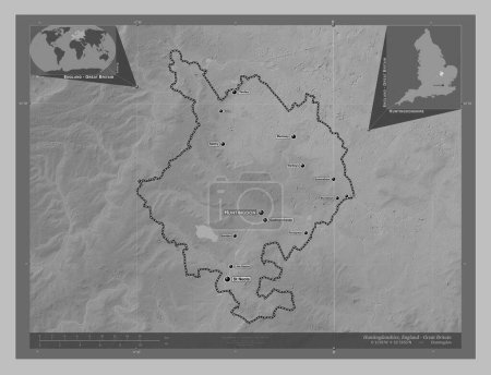 Photo for Huntingdonshire, non metropolitan district of England - Great Britain. Grayscale elevation map with lakes and rivers. Locations and names of major cities of the region. Corner auxiliary location maps - Royalty Free Image