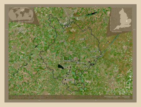 Foto de Huntingdonshire, distrito no metropolitano de Inglaterra Gran Bretaña. Mapa satelital de alta resolución. Ubicaciones y nombres de las principales ciudades de la región. Mapas de ubicación auxiliares de esquina - Imagen libre de derechos