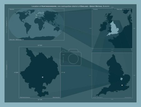Foto de Huntingdonshire, distrito no metropolitano de Inglaterra Gran Bretaña. Diagrama que muestra la ubicación de la región en mapas a gran escala. Composición de marcos vectoriales y formas PNG sobre un fondo sólido - Imagen libre de derechos