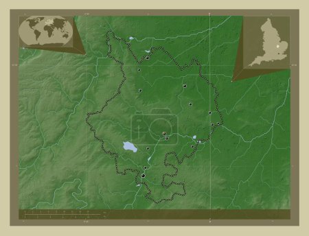 Foto de Huntingdonshire, distrito no metropolitano de Inglaterra Gran Bretaña. Mapa de elevación coloreado en estilo wiki con lagos y ríos. Ubicaciones de las principales ciudades de la región. Mapas de ubicación auxiliares de esquina - Imagen libre de derechos