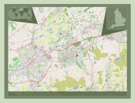 Foto de Hyndburn, distrito no metropolitano de Inglaterra Gran Bretaña. Open Street Map. Ubicaciones de las principales ciudades de la región. Mapas de ubicación auxiliares de esquina - Imagen libre de derechos