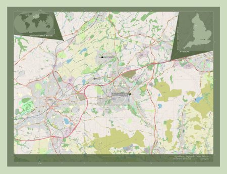Foto de Hyndburn, distrito no metropolitano de Inglaterra Gran Bretaña. Open Street Map. Ubicaciones y nombres de las principales ciudades de la región. Mapas de ubicación auxiliares de esquina - Imagen libre de derechos