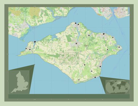 Téléchargez les photos : Île de Wight, autorité unitaire de l'Angleterre - Grande-Bretagne. Ouvrir la carte routière. Emplacements des grandes villes de la région. Corner cartes de localisation auxiliaires - en image libre de droit
