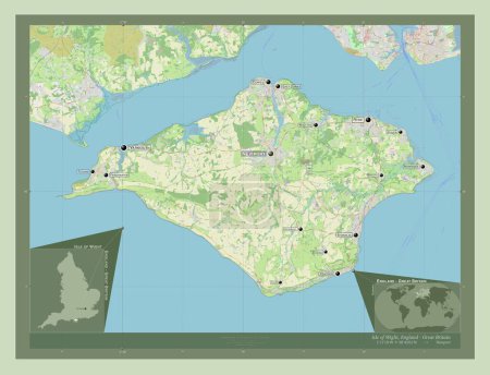 Téléchargez les photos : Île de Wight, autorité unitaire de l'Angleterre - Grande-Bretagne. Ouvrir la carte routière. Emplacements et noms des grandes villes de la région. Corner cartes de localisation auxiliaires - en image libre de droit