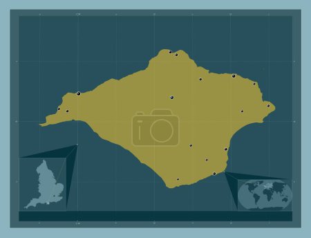 Photo for Isle of Wight, unitary authority of England - Great Britain. Solid color shape. Locations of major cities of the region. Corner auxiliary location maps - Royalty Free Image