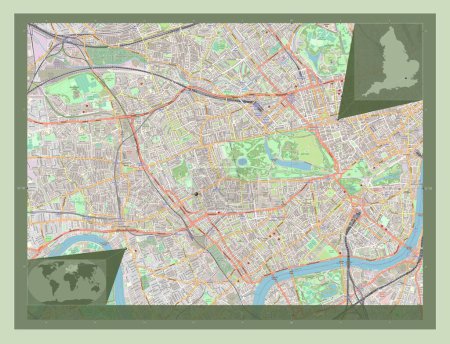 Téléchargez les photos : Royal Borough de Kensington et Chelsea, arrondissement londonien d'Angleterre - Grande-Bretagne. Ouvrir la carte routière. Corner cartes de localisation auxiliaires - en image libre de droit