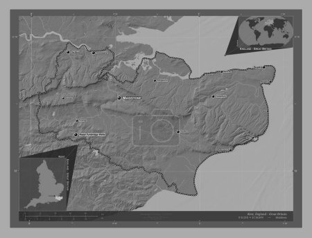 Photo for Kent, administrative county of England - Great Britain. Bilevel elevation map with lakes and rivers. Locations and names of major cities of the region. Corner auxiliary location maps - Royalty Free Image