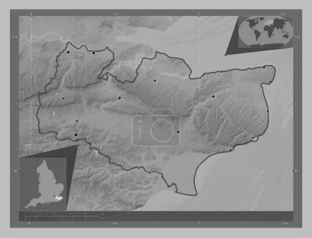 Photo for Kent, administrative county of England - Great Britain. Grayscale elevation map with lakes and rivers. Locations of major cities of the region. Corner auxiliary location maps - Royalty Free Image