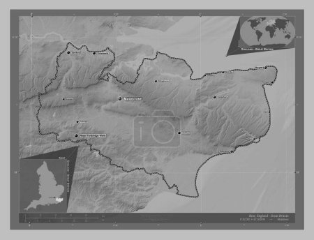 Photo for Kent, administrative county of England - Great Britain. Grayscale elevation map with lakes and rivers. Locations and names of major cities of the region. Corner auxiliary location maps - Royalty Free Image