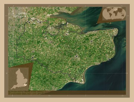 Foto de Kent, condado administrativo de Inglaterra - Gran Bretaña. Mapa satelital de baja resolución. Ubicaciones de las principales ciudades de la región. Mapas de ubicación auxiliares de esquina - Imagen libre de derechos