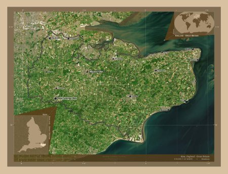 Foto de Kent, condado administrativo de Inglaterra - Gran Bretaña. Mapa satelital de baja resolución. Ubicaciones y nombres de las principales ciudades de la región. Mapas de ubicación auxiliares de esquina - Imagen libre de derechos