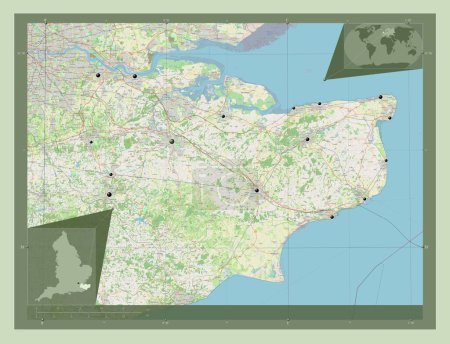 Foto de Kent, condado administrativo de Inglaterra - Gran Bretaña. Open Street Map. Ubicaciones de las principales ciudades de la región. Mapas de ubicación auxiliares de esquina - Imagen libre de derechos
