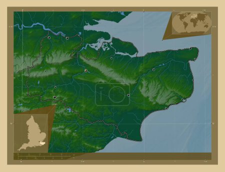 Téléchargez les photos : Kent, comté administratif d'Angleterre - Grande-Bretagne. Carte d'altitude colorée avec lacs et rivières. Emplacements des grandes villes de la région. Corner cartes de localisation auxiliaires - en image libre de droit