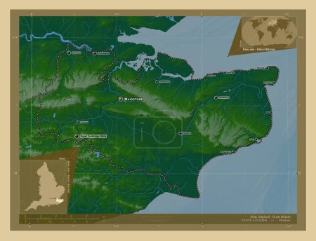 Téléchargez les photos : Kent, comté administratif d'Angleterre - Grande-Bretagne. Carte d'altitude colorée avec lacs et rivières. Emplacements et noms des grandes villes de la région. Corner cartes de localisation auxiliaires - en image libre de droit
