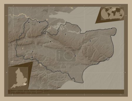 Photo for Kent, administrative county of England - Great Britain. Elevation map colored in sepia tones with lakes and rivers. Locations of major cities of the region. Corner auxiliary location maps - Royalty Free Image