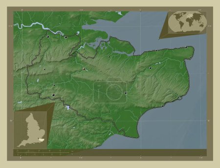 Foto de Kent, condado administrativo de Inglaterra - Gran Bretaña. Mapa de elevación coloreado en estilo wiki con lagos y ríos. Ubicaciones de las principales ciudades de la región. Mapas de ubicación auxiliares de esquina - Imagen libre de derechos