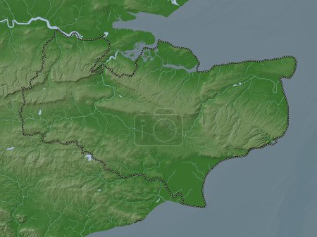 Téléchargez les photos : Kent, comté administratif d'Angleterre - Grande-Bretagne. Carte d'altitude colorée dans le style wiki avec des lacs et des rivières - en image libre de droit