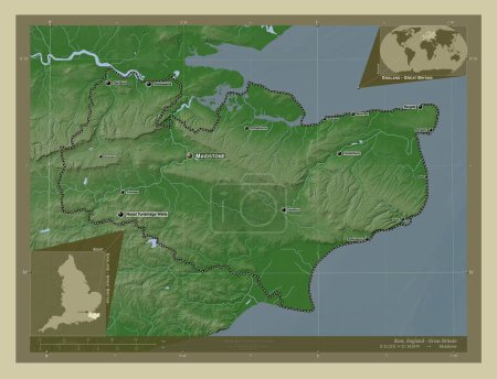 Téléchargez les photos : Kent, comté administratif d'Angleterre - Grande-Bretagne. Carte d'altitude colorée dans le style wiki avec des lacs et des rivières. Emplacements et noms des grandes villes de la région. Corner cartes de localisation auxiliaires - en image libre de droit