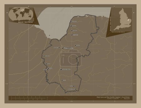 Photo for King's Lynn and West Norfolk, non metropolitan district of England - Great Britain. Elevation map colored in sepia tones with lakes and rivers. Locations and names of major cities of the region. Corner auxiliary location maps - Royalty Free Image