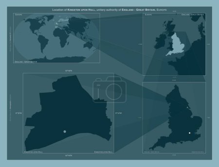 Foto de Kingston upon Hull, autoridad unitaria de Inglaterra Gran Bretaña. Diagrama que muestra la ubicación de la región en mapas a gran escala. Composición de marcos vectoriales y formas PNG sobre un fondo sólido - Imagen libre de derechos