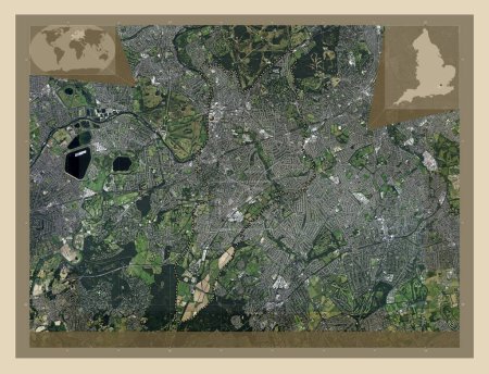 Téléchargez les photos : Royal Borough of Kingston upon Thames, district londonien d'Angleterre - Grande-Bretagne. Carte satellite haute résolution. Corner cartes de localisation auxiliaires - en image libre de droit