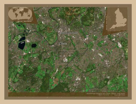 Foto de Royal Borough of Kingston upon Thames, Londres - Gran Bretaña. Mapa satelital de baja resolución. Ubicaciones y nombres de las principales ciudades de la región. Mapas de ubicación auxiliares de esquina - Imagen libre de derechos