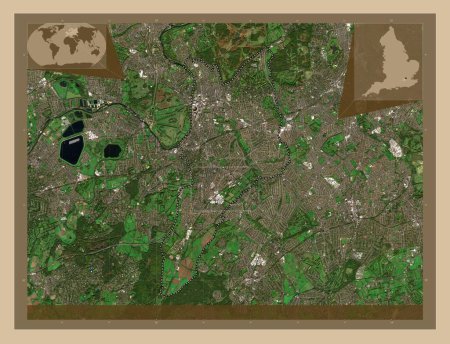 Téléchargez les photos : Royal Borough of Kingston upon Thames, district londonien d'Angleterre - Grande-Bretagne. Carte satellite basse résolution. Corner cartes de localisation auxiliaires - en image libre de droit