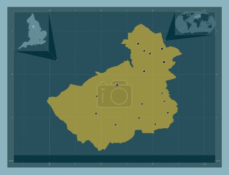 Foto de Kirklees, condado administrativo de Inglaterra - Gran Bretaña. Forma de color sólido. Ubicaciones de las principales ciudades de la región. Mapas de ubicación auxiliares de esquina - Imagen libre de derechos