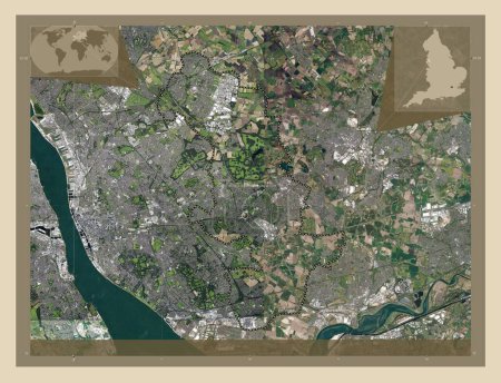 Téléchargez les photos : Knowsley, comté administratif d'Angleterre - Grande-Bretagne. Carte satellite haute résolution. Corner cartes de localisation auxiliaires - en image libre de droit