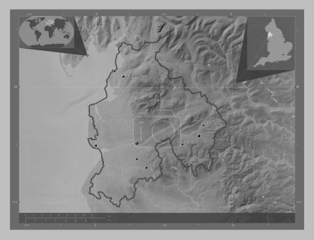 Photo for Lancashire, administrative county of England - Great Britain. Grayscale elevation map with lakes and rivers. Locations of major cities of the region. Corner auxiliary location maps - Royalty Free Image