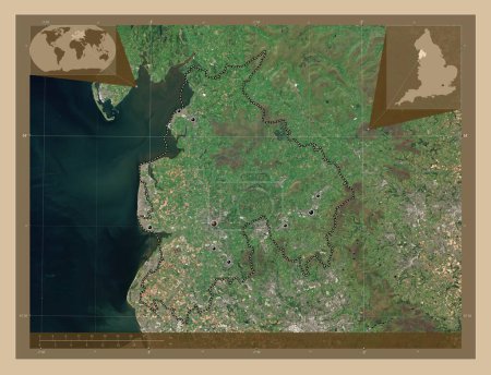 Téléchargez les photos : Lancashire, comté administratif d'Angleterre - Grande-Bretagne. Carte satellite basse résolution. Emplacements des grandes villes de la région. Corner cartes de localisation auxiliaires - en image libre de droit