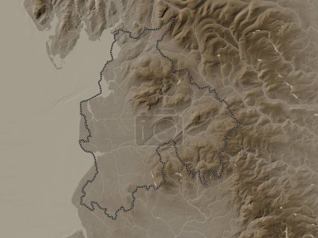 Téléchargez les photos : Lancashire, comté administratif d'Angleterre - Grande-Bretagne. Carte d'altitude colorée dans des tons sépia avec des lacs et des rivières - en image libre de droit