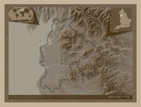 Photo for Lancashire, administrative county of England - Great Britain. Elevation map colored in sepia tones with lakes and rivers. Locations and names of major cities of the region. Corner auxiliary location maps - Royalty Free Image