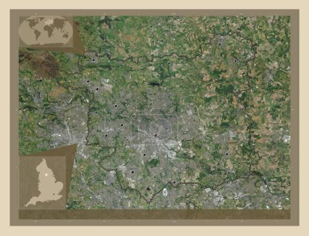 Foto de Leeds, condado administrativo de Inglaterra - Gran Bretaña. Mapa satelital de alta resolución. Ubicaciones de las principales ciudades de la región. Mapas de ubicación auxiliares de esquina - Imagen libre de derechos