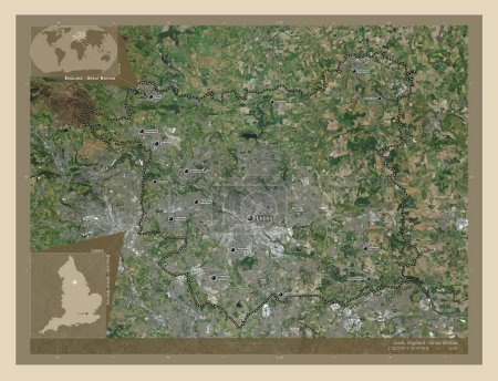 Téléchargez les photos : Leeds, comté administratif d'Angleterre - Grande-Bretagne. Carte satellite haute résolution. Emplacements et noms des grandes villes de la région. Corner cartes de localisation auxiliaires - en image libre de droit