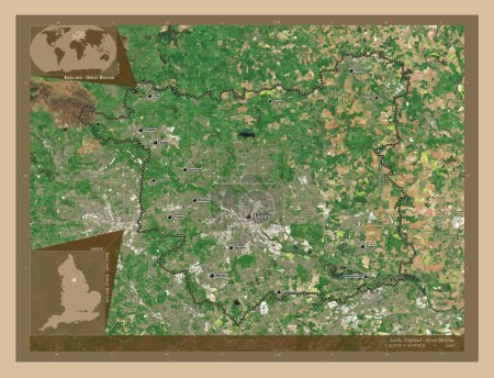 Foto de Leeds, condado administrativo de Inglaterra - Gran Bretaña. Mapa satelital de baja resolución. Ubicaciones y nombres de las principales ciudades de la región. Mapas de ubicación auxiliares de esquina - Imagen libre de derechos