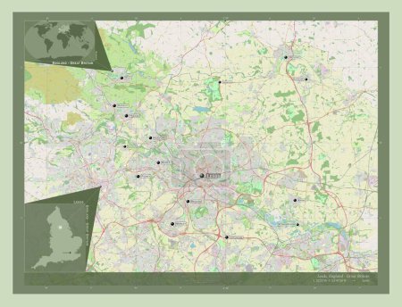 Foto de Leeds, condado administrativo de Inglaterra - Gran Bretaña. Open Street Map. Ubicaciones y nombres de las principales ciudades de la región. Mapas de ubicación auxiliares de esquina - Imagen libre de derechos