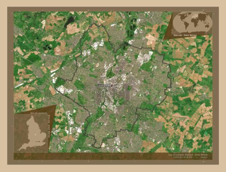Téléchargez les photos : Ville de Leicester, autorité unitaire de l'Angleterre - Grande-Bretagne. Carte satellite basse résolution. Emplacements et noms des grandes villes de la région. Corner cartes de localisation auxiliaires - en image libre de droit