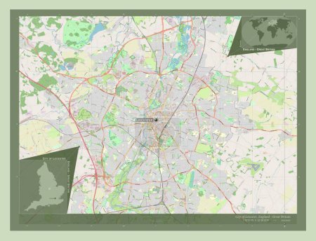 Foto de Ciudad de Leicester, autoridad unitaria de Inglaterra Gran Bretaña. Open Street Map. Ubicaciones y nombres de las principales ciudades de la región. Mapas de ubicación auxiliares de esquina - Imagen libre de derechos