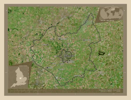 Téléchargez les photos : Leicestershire, comté administratif d'Angleterre - Grande-Bretagne. Carte satellite haute résolution. Emplacements et noms des grandes villes de la région. Corner cartes de localisation auxiliaires - en image libre de droit