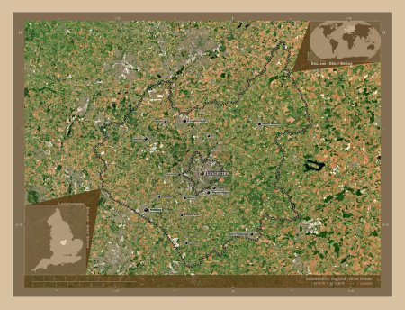 Foto de Leicestershire, condado administrativo de Inglaterra - Gran Bretaña. Mapa satelital de baja resolución. Ubicaciones y nombres de las principales ciudades de la región. Mapas de ubicación auxiliares de esquina - Imagen libre de derechos
